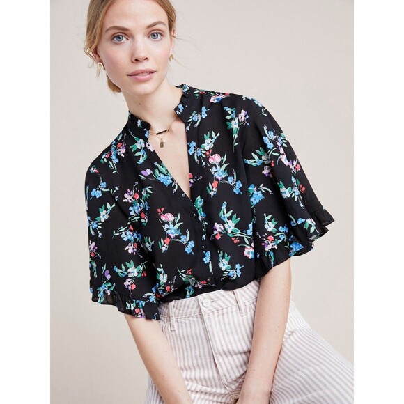 Anthropologie Maeve Aveiro Flutter Sleeve Button Down Blouse Small Black Motif - Picture 1 of 7